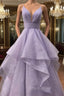 A-line V Neck Spaghetti Straps Long/Floor-Length Tulle Formal Prom Dresses With Pleated Glitter