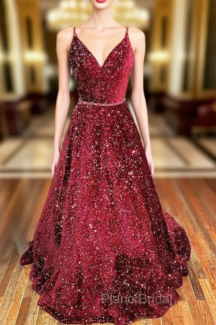 A-line V Neck Spaghetti Straps Long/Floor-Length Velvet Sequins Formal Prom Dresses With Beading Main image