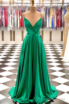 A-line V Neck Spaghetti Straps Sweep Train Charmeuse Prom Dresses With Pleated