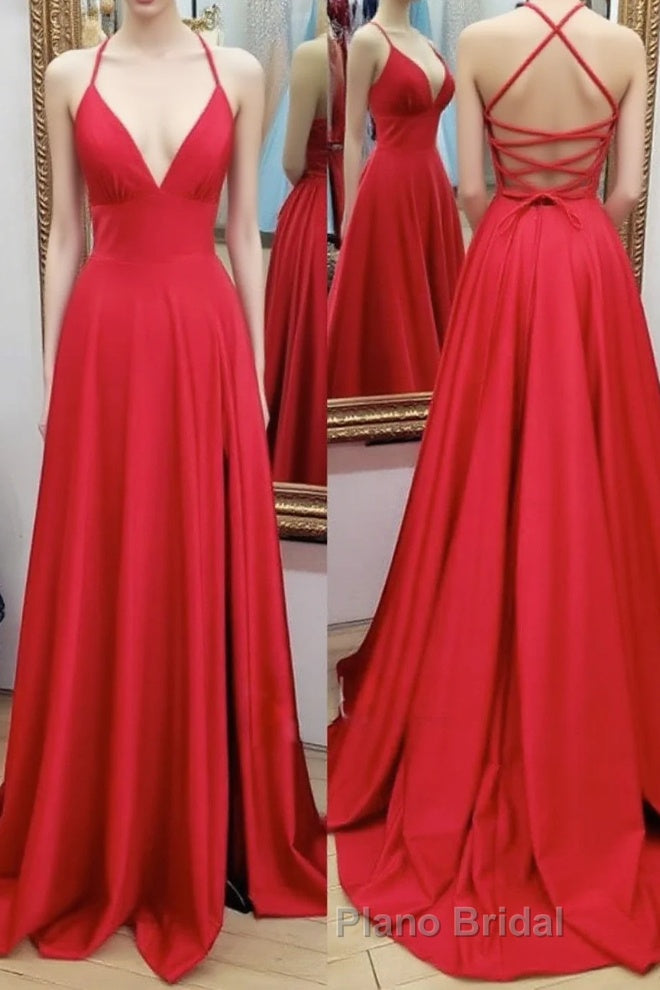 A-line V Neck Spaghetti Straps Sweep Train Charmeuse Formal Prom Dress With Pleated Split