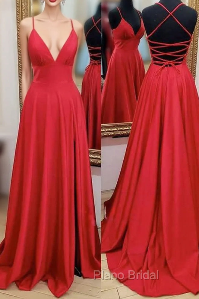 A-line V Neck Spaghetti Straps Sweep Train Charmeuse Formal Prom Dresses With Pleated Split Main image