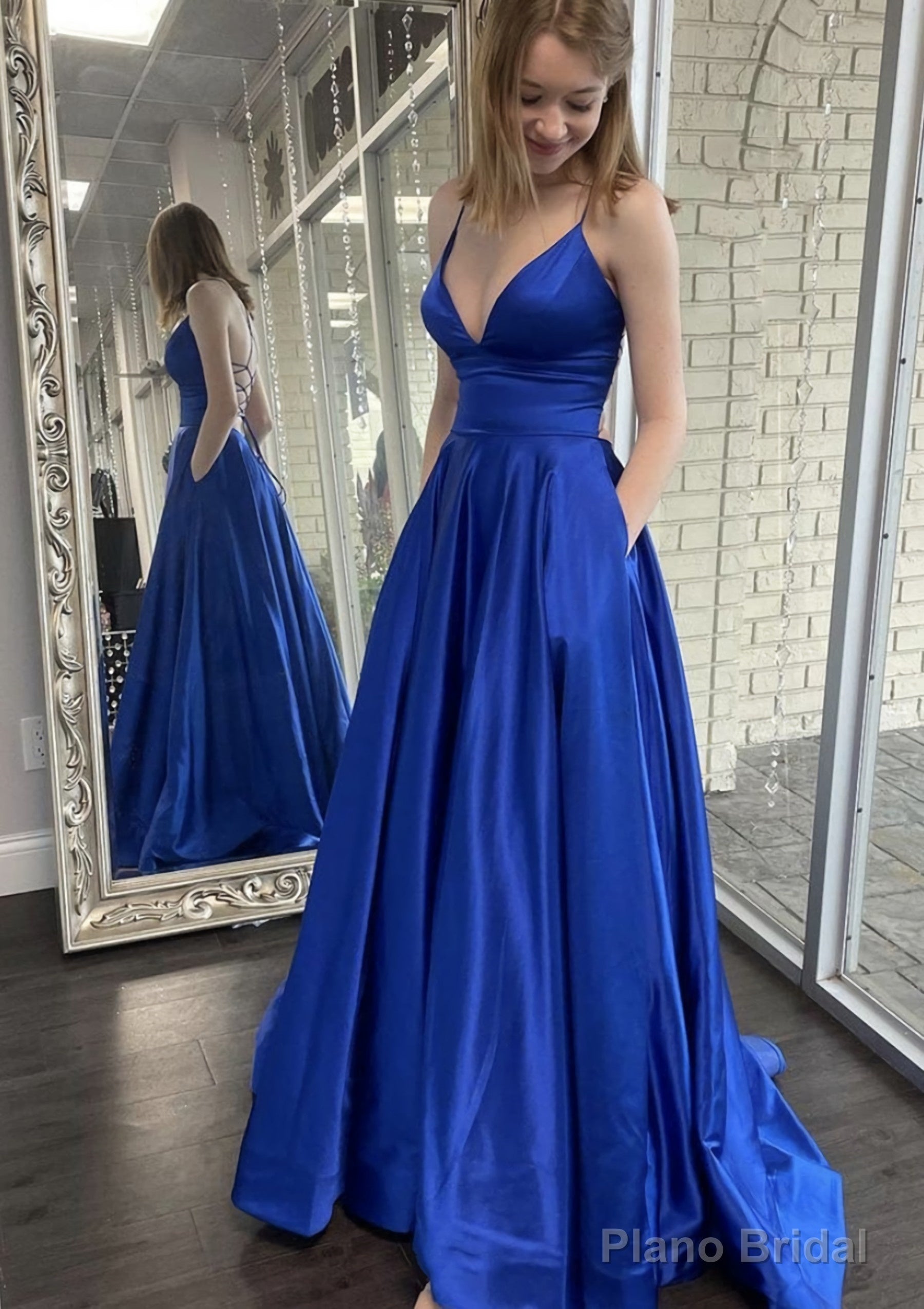 A-line V Neck Spaghetti Straps Sweep Train Charmeuse Prom Dresses With Pockets