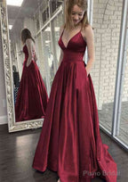A-line V Neck Spaghetti Straps Sweep Train Charmeuse Prom Dresses With Pockets