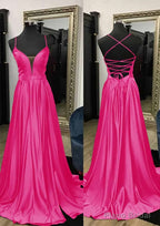 A-line V Neck Spaghetti Straps Sweep Train Charmeuse Prom Dresses With Split