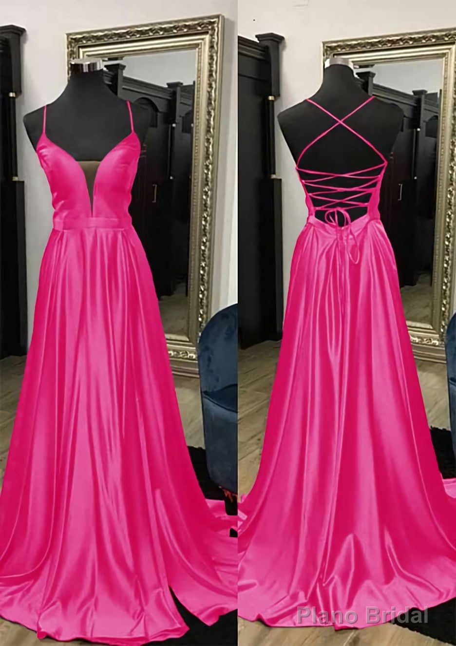 A-line V Neck Spaghetti Straps Sweep Train Charmeuse Prom Dresses With Split