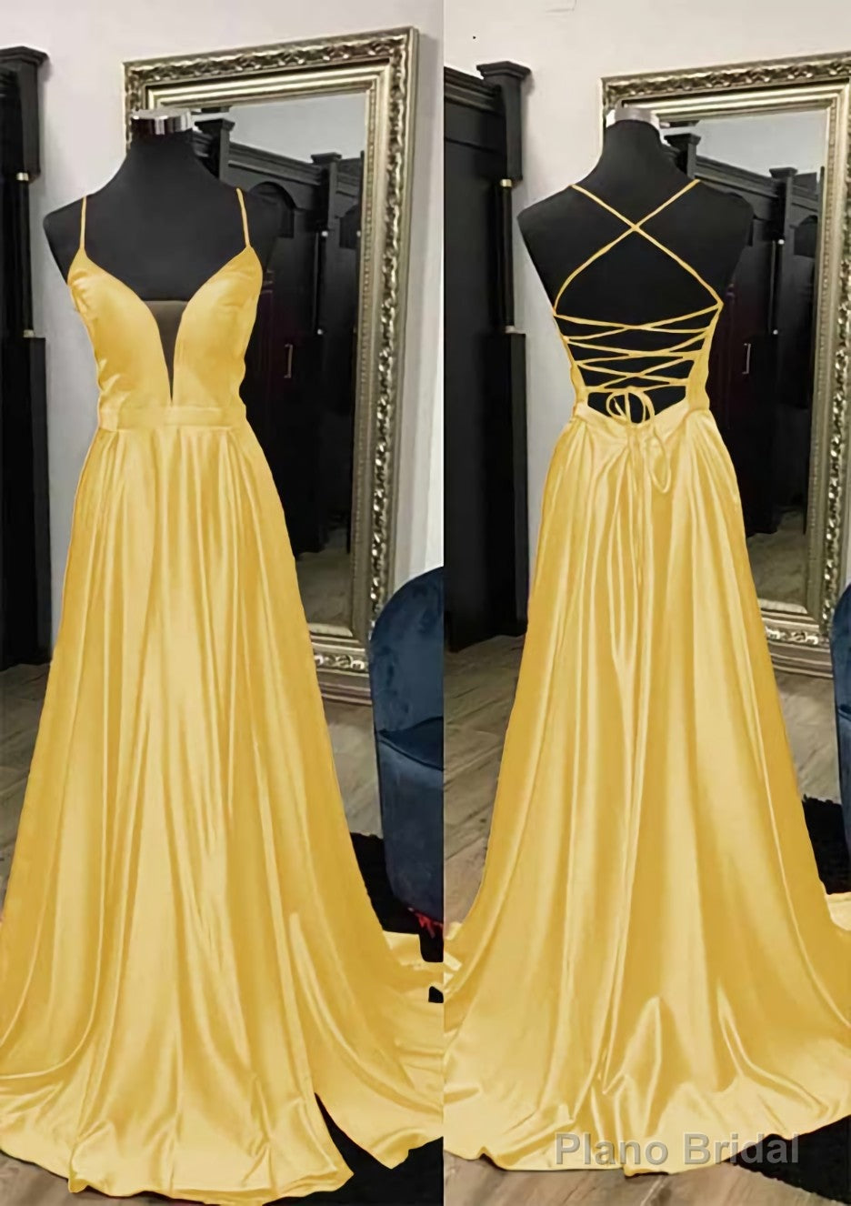 A-line V Neck Spaghetti Straps Sweep Train Charmeuse Prom Dresses With Split
