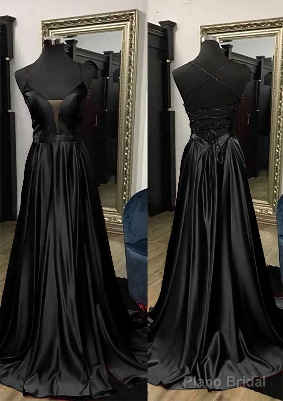 A-line V Neck Spaghetti Straps Sweep Train Charmeuse Prom Dresses With Split