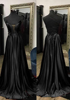 A-line V Neck Spaghetti Straps Sweep Train Charmeuse Prom Dresses With Split