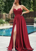 A-line V Neck Spaghetti Straps Sweep Train Satin Prom Dresses With Appliqued Beading Pleated Split