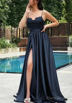 A-line V Neck Spaghetti Straps Sweep Train Satin Prom Dresses With Appliqued Beading Pleated Split