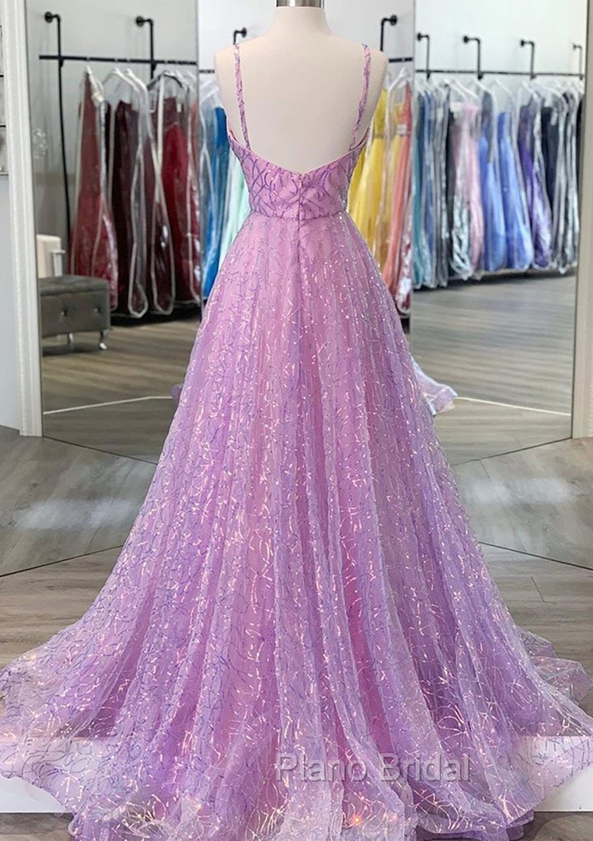 Unique Formal Prom Dresses, A-line V Neck Spaghetti Straps Sweep Train Sequined Formal Prom Dresses With Pleated Secondary image