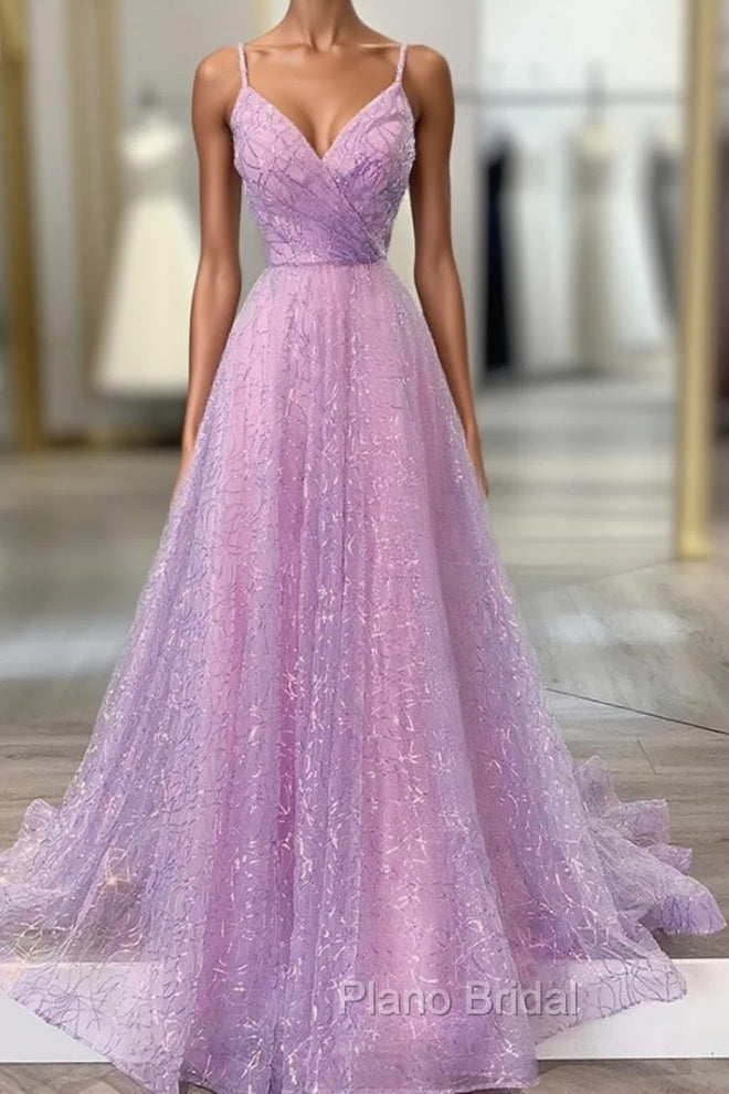 Unique Formal Prom Dresses, A-line V Neck Spaghetti Straps Sweep Train Sequined Formal Prom Dresses With Pleated Main image