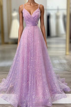Unique Formal Prom Dresses, A-line V Neck Spaghetti Straps Sweep Train Sequined Formal Prom Dresses With Pleated