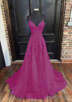 A-line V Neck Spaghetti Straps Sweep Train Tulle Prom Dresses With Appliqued