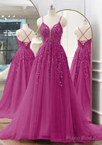 A-line V Neck Spaghetti Straps Sweep Train Tulle Prom Dresses With Appliqued Beading