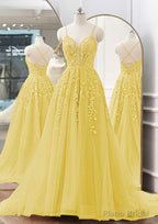 A-line V Neck Spaghetti Straps Sweep Train Tulle Prom Dresses With Appliqued Beading