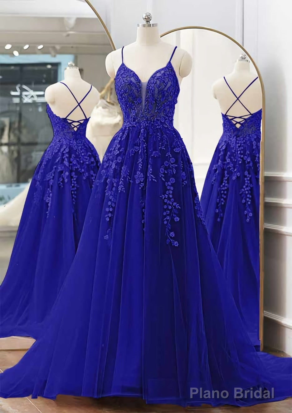 A-line V Neck Spaghetti Straps Sweep Train Tulle Prom Dresses With Appliqued Beading