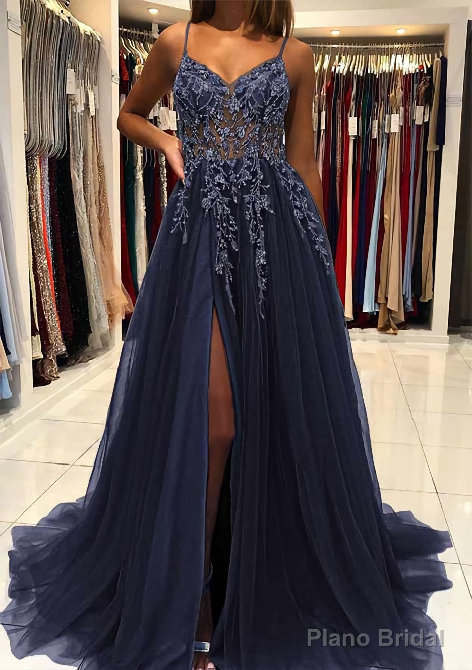 A-line V Neck Spaghetti Straps Sweep Train Tulle Prom Dresses With Beading Sequins Split