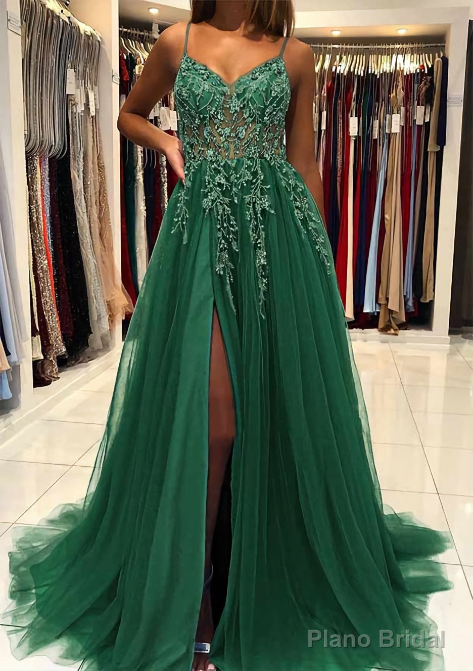 A-line V Neck Spaghetti Straps Sweep Train Tulle Prom Dresses With Beading Sequins Split