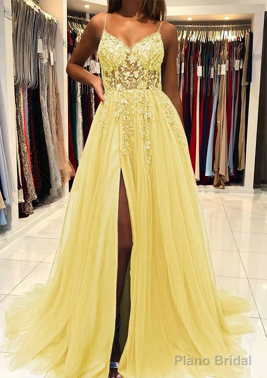 A-line V Neck Spaghetti Straps Sweep Train Tulle Prom Dresses With Beading Sequins Split