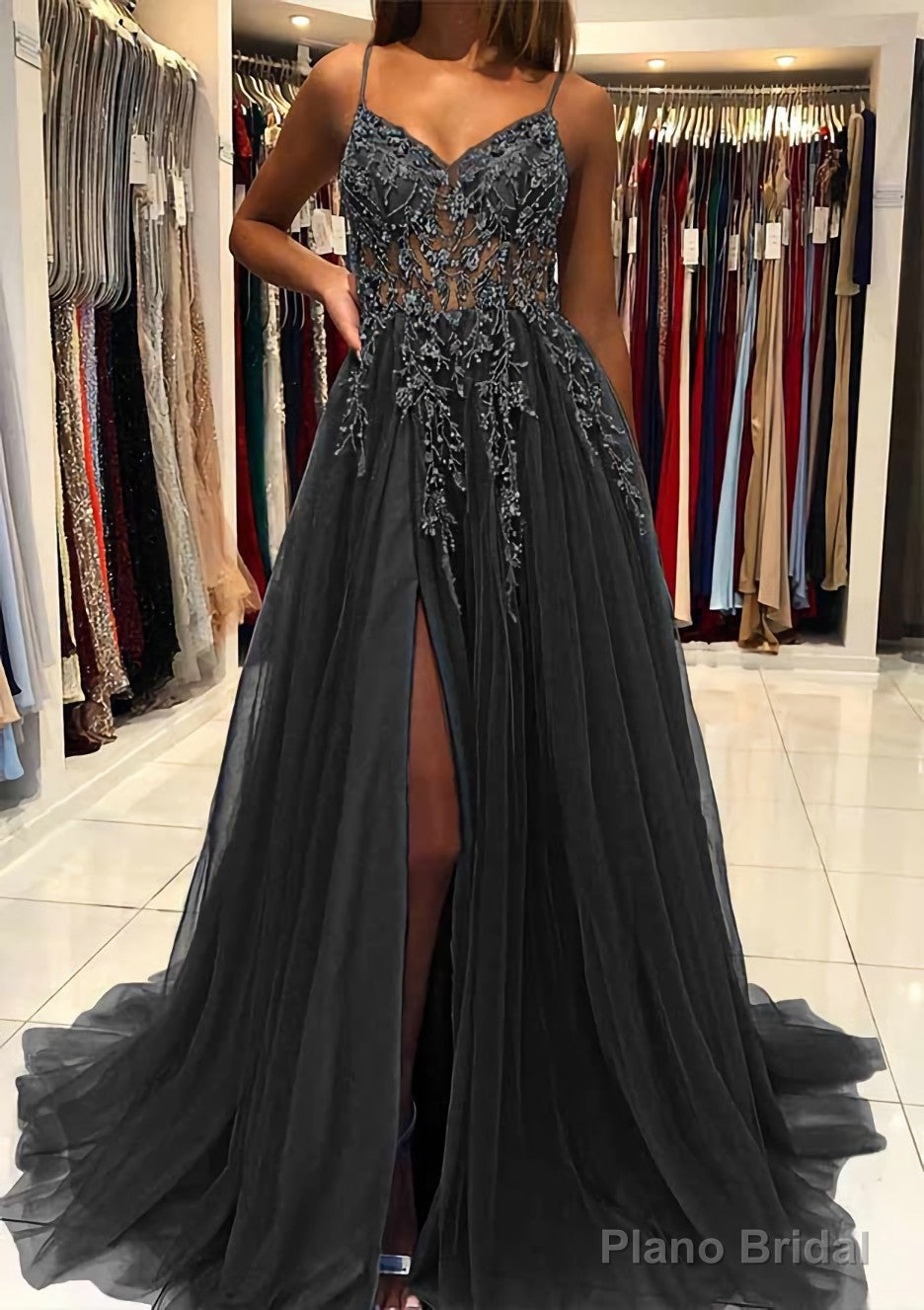 A-line V Neck Spaghetti Straps Sweep Train Tulle Prom Dresses With Beading Sequins Split