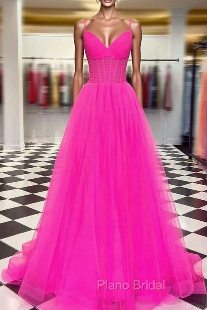 A-line V Neck Spaghetti Straps Sweep Train Tulle Formal Prom Dresses With Pleated Main image
