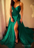 A-line V Neck Spaghetti Straps Sweep Train Tulle Prom Dresses With Split