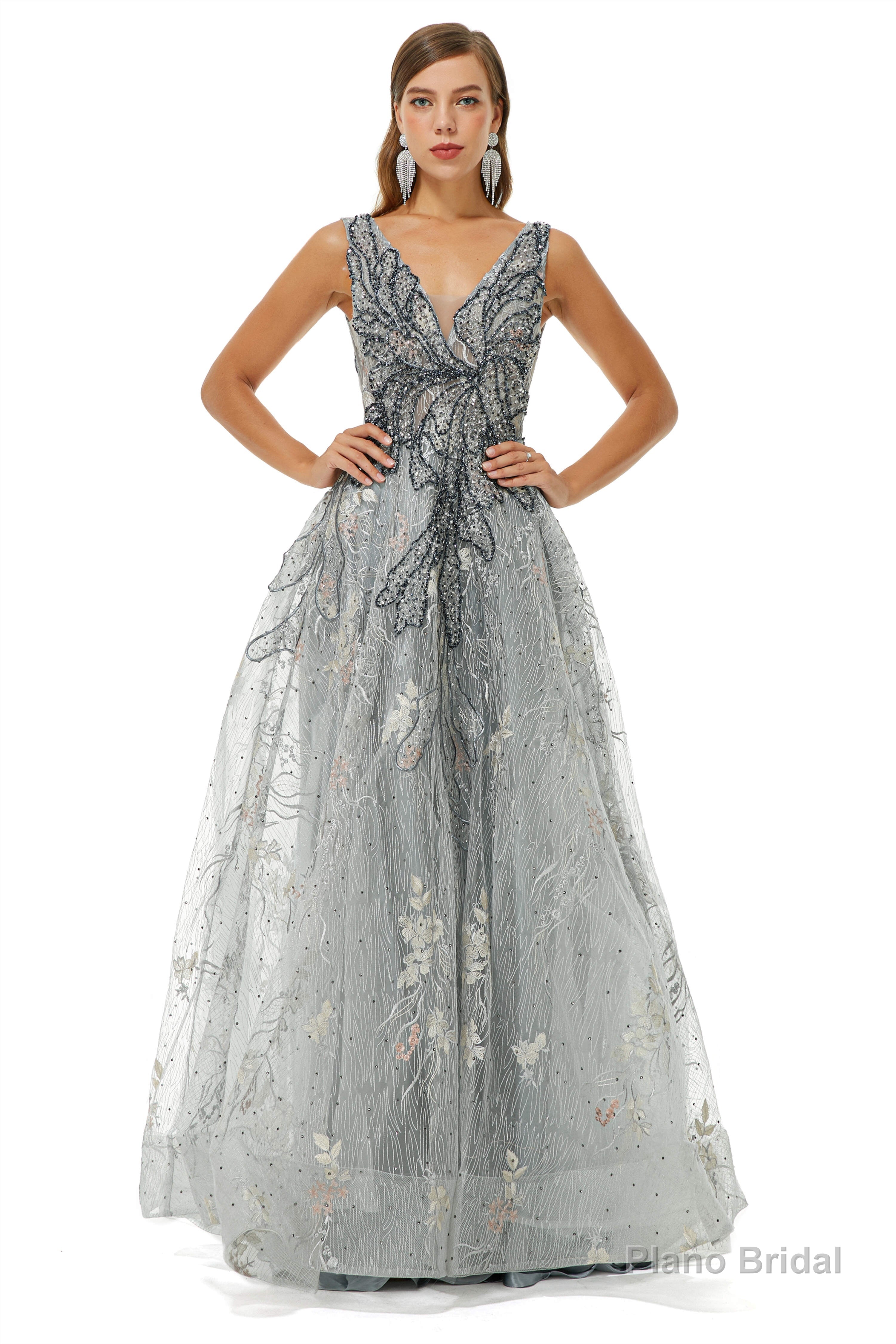 A-line V-neck Strap Lace Sequined Beaded Open Back Floor-length Prom Dresses Main image