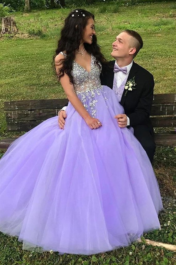 A-Line V-Neck Sweep Train Beaded Formal Prom Dresses Secondary image