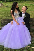 A-Line V-Neck Sweep Train Beaded Formal Prom Dresses