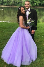 A-Line V-Neck Sweep Train Beaded Formal Prom Dresses