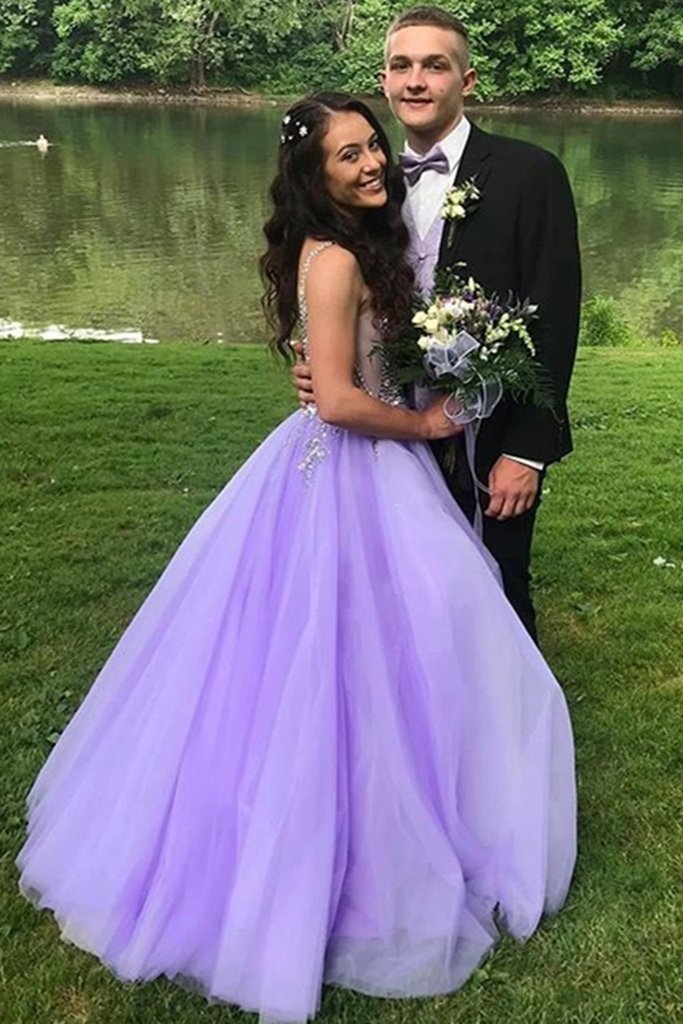 A-Line V-Neck Sweep Train Beaded Formal Prom Dresses