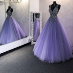 A-Line V-Neck Sweep Train Beaded Formal Prom Dresses