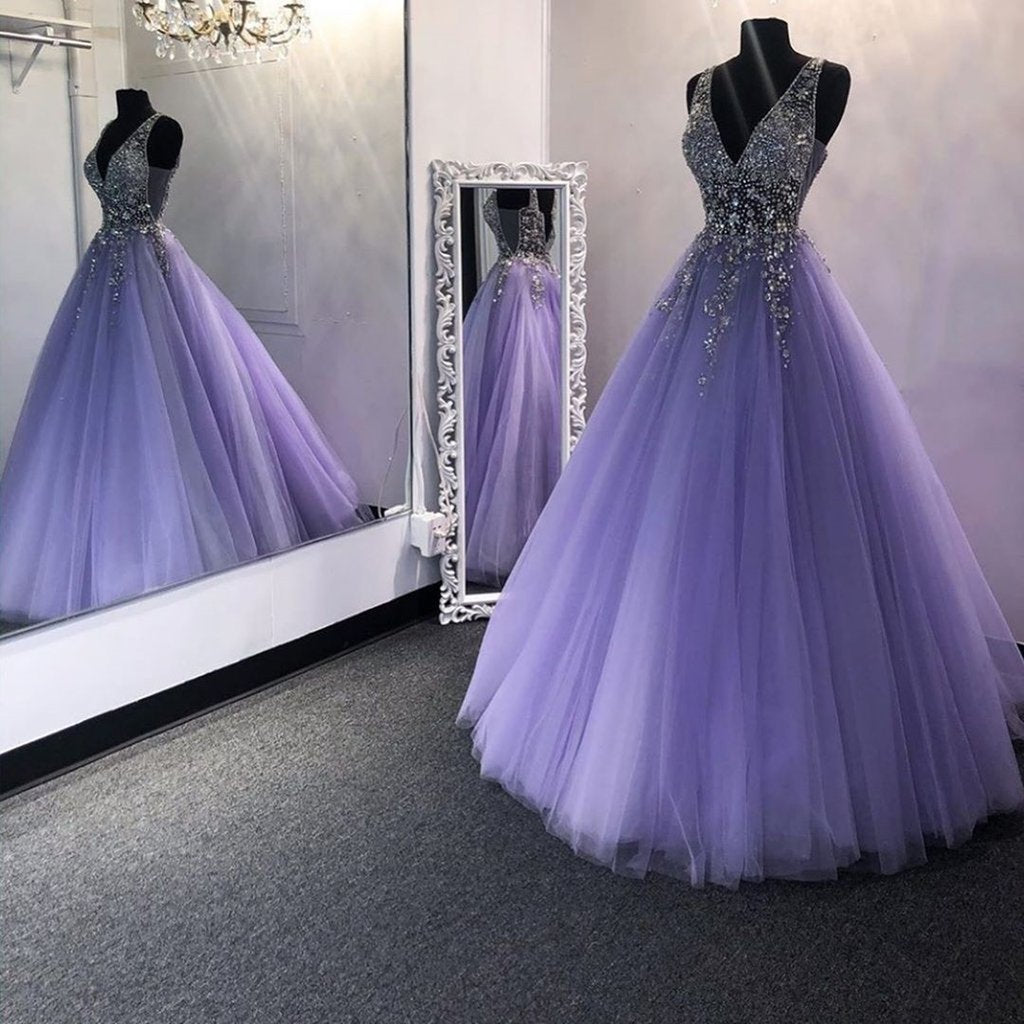 A-Line V-Neck Sweep Train Beaded Formal Prom Dresses