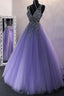 A-Line V-Neck Sweep Train Beaded Formal Prom Dresses