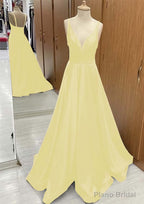 A-line V Neck Sweep Train Satin Prom Dresses With Pleated