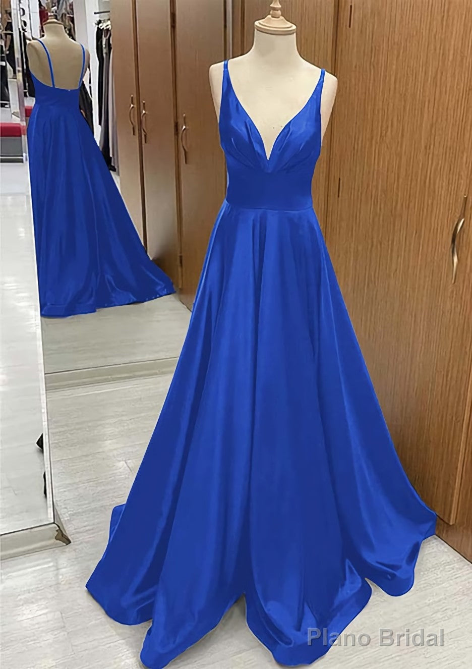 A-line V Neck Sweep Train Satin Prom Dresses With Pleated