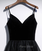 A Line V Neck Tea Length Black Velvet Formal Prom Dresses, Black Tea Length Graduation Homecoming Dresses