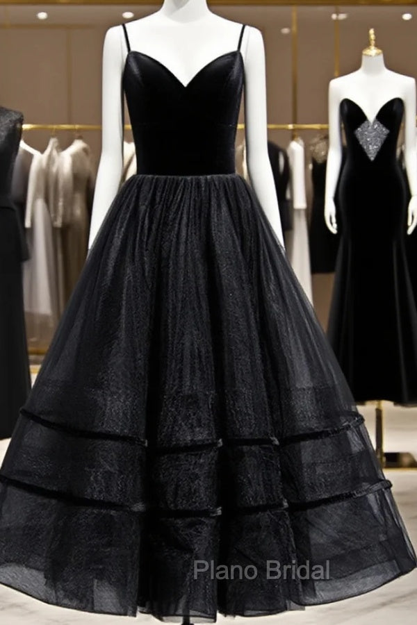A Line V Neck Tea Length Black Velvet Formal Prom Dresses, Black Tea Length Graduation Homecoming Dresses Main image