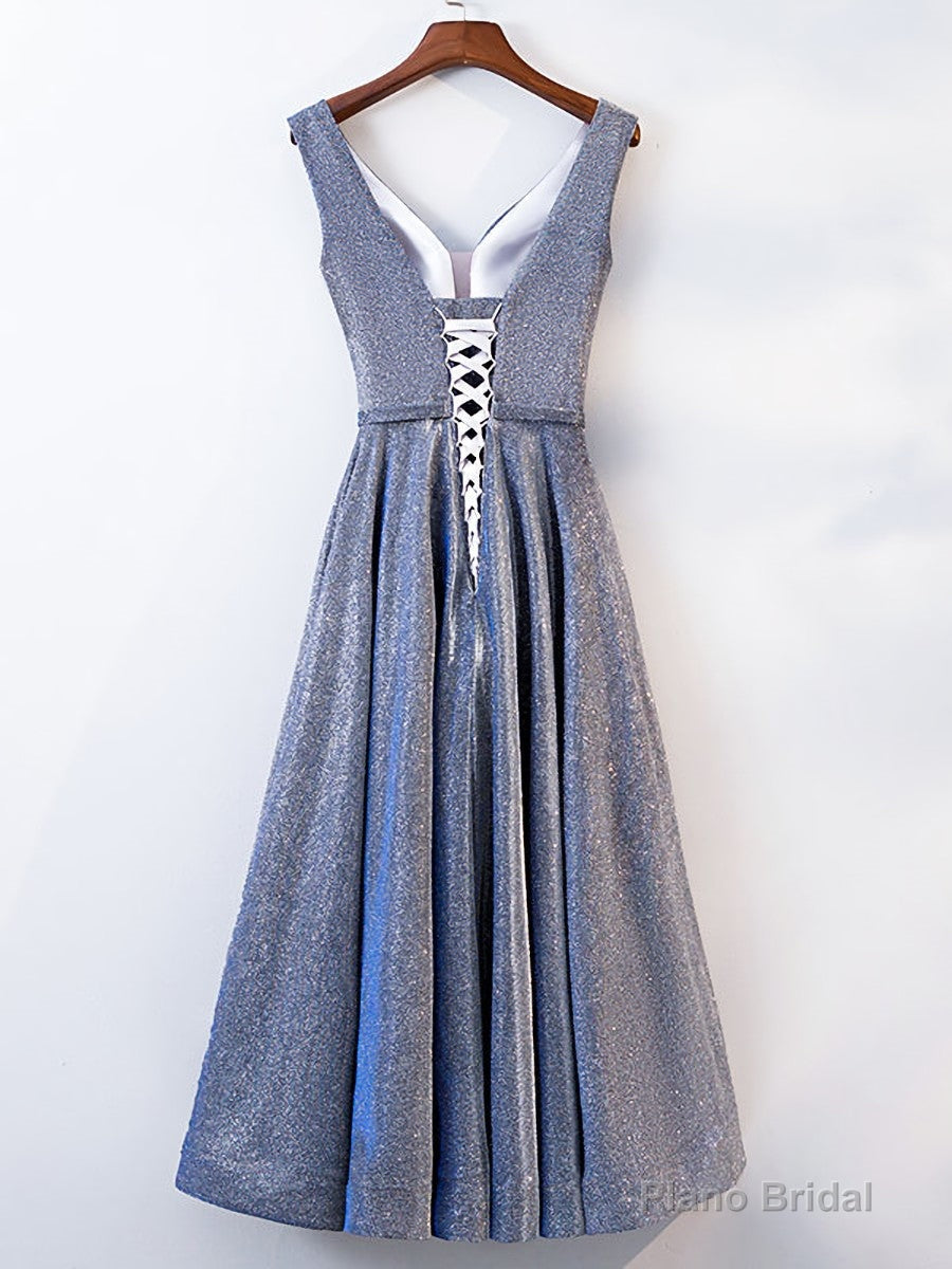 A Line V Neck Tea Length Gray/Pink Prom Dresses, Shiny Tea Length Formal Dresses Main image