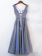 A Line V Neck Tea Length Gray/Pink Prom Dresses, Shiny Tea Length Formal Dresses