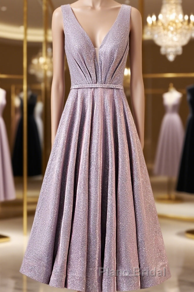 A Line V Neck Tea Length Formal Prom Dresses, Shiny Tea Length Formal Evening Dresses Main image