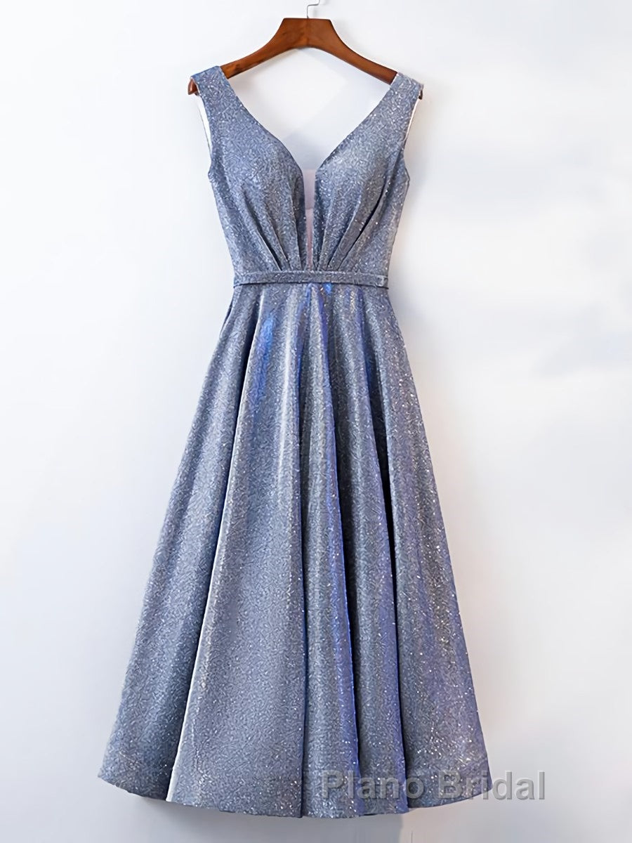 A Line V Neck Tea Length Formal Prom Dresses, Shiny Tea Length Formal Evening Dresses Secondary image