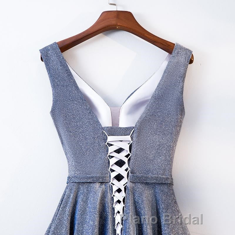 A Line V Neck Tea Length Formal Prom Dresses, Shiny Tea Length Formal Evening Dresses