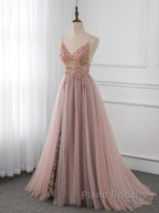 A-Line V Neck Tulle Beading Pink Long Formal Prom Dresses. Pink Formal Dresses