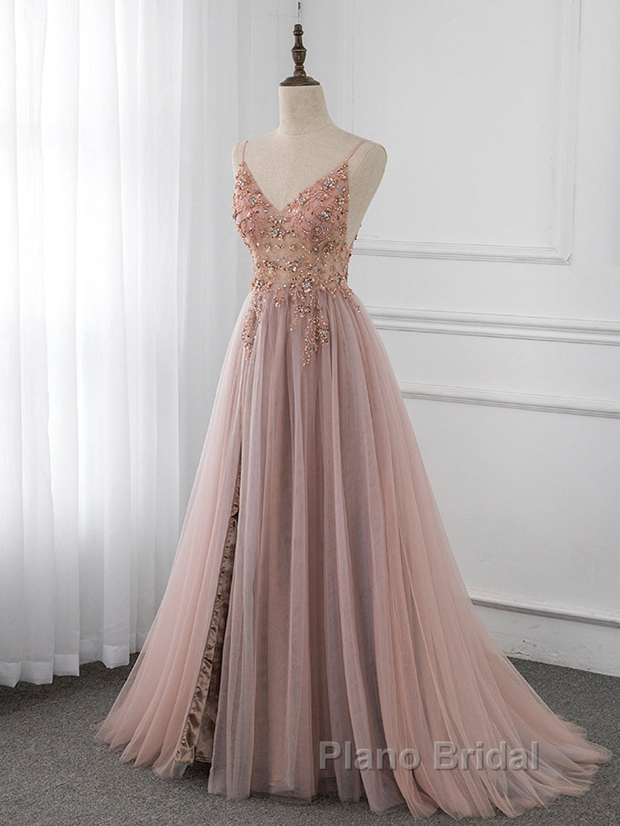 A-Line V Neck Tulle Beading Pink Long Formal Prom Dresses. Pink Formal Dresses