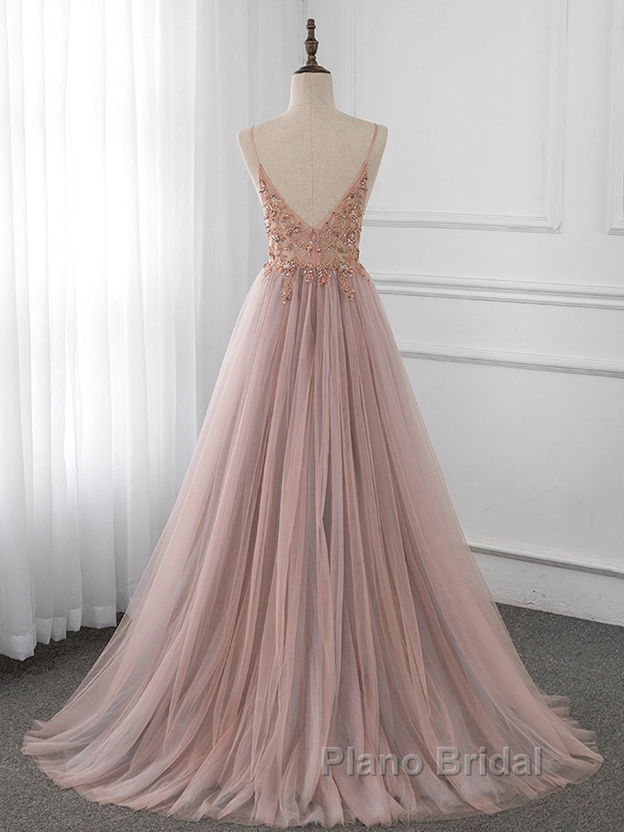 A-Line V Neck Tulle Beading Pink Long Formal Prom Dresses. Pink Formal Dresses