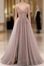 A-Line V Neck Tulle Beading Pink Long Formal Prom Dresses. Pink Formal Dresses