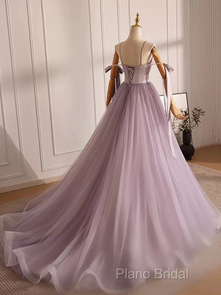 A-Line V Neck Tulle Beads Purple Long Formal Prom Dresses, Purple Long Formal Dresses Secondary image