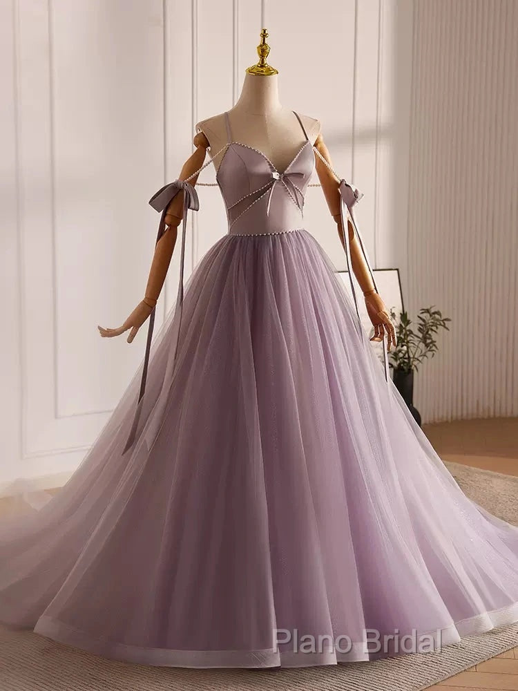 A-Line V Neck Tulle Beads Purple Long Formal Prom Dresses, Purple Long Formal Dresses